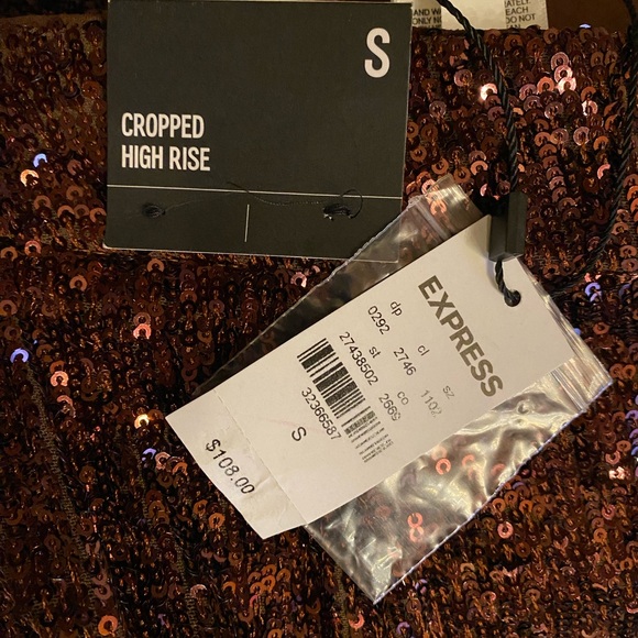 NEW EXPRESS $108 RICH ESPRESSO HIGH WAISTED SEQUIN PLEATED CROPPED PANTS - Picture 6 of 6